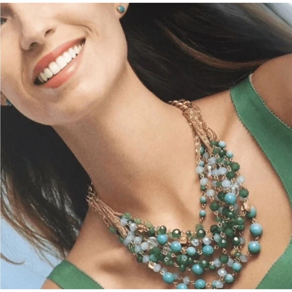 Stella & Dot Retired Multi Strand/Layered Gold Tone and Blue Stone Necklace